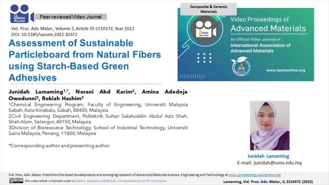 Assessment of Sustainable Particleboard from Natural Fibers using Starch-Based Green Adhesives